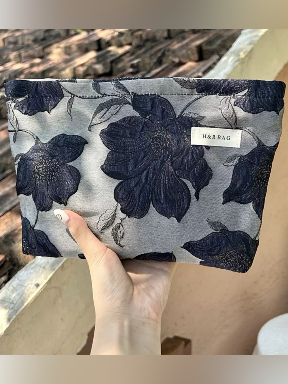 Hand Crafted Gray Floral Clutch with Navy Embroidered Flowers